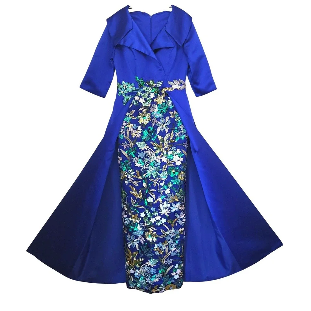 Glamora Royal Blue Satin Sheath Embroidered Sequin Gown Portrait Collar Train 8 - Picture 3 of 16